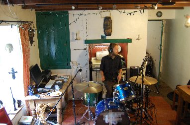 Jarvis gets his drum kit out at the cottage in Mabe